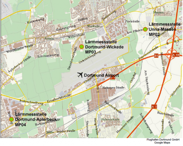 Übersicht der Flughafen betriebenen Lärm-MessstationenQuelle:  Flughafen Dortmund